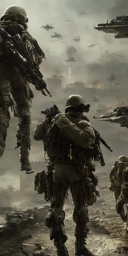 Image similar to concept art, world war iii, war scenes, special forces operations, exoskeleton armor, high - tech weapons, cyberpunk, call of duty future war, smooth lines, high detail, 8 k, octane rendering, unreal engine.