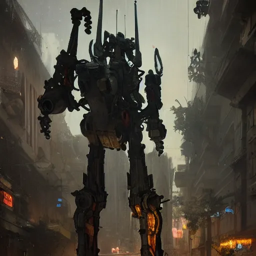 Image similar to six feet tall mech fighting in an urban environment, gaudi, by gaston bussiere, by ismail inceoglu, octane render, by weta digital, cinematic lighting, bump mapped, lumen reflections, action scene screenshot, epic scale