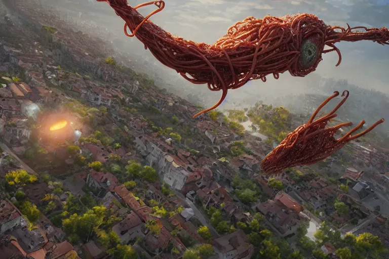 Image similar to flying spaguetti monster over a small town, made by Stanley Artgerm Lau, WLOP, Rossdraws, ArtStation, CGSociety, concept art, cgsociety, octane render, trending on artstation, artstationHD, artstationHQ, unreal engine, 4k, 8k,