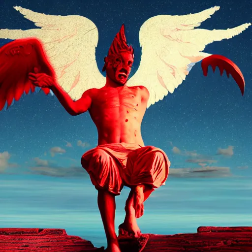 Image similar to landscape bitcoin satan with red skin and white angel wings by beeple digital art award winning nft 2 0 2 0 collection