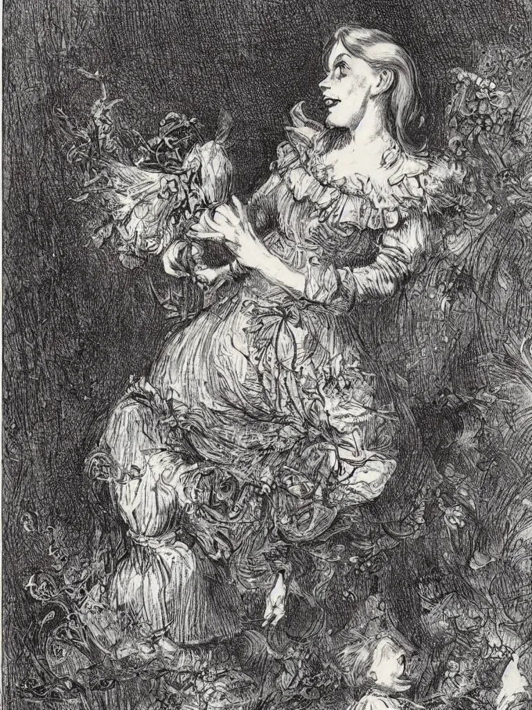 Image similar to Tenniel illustration portrait of Alice smiling happily