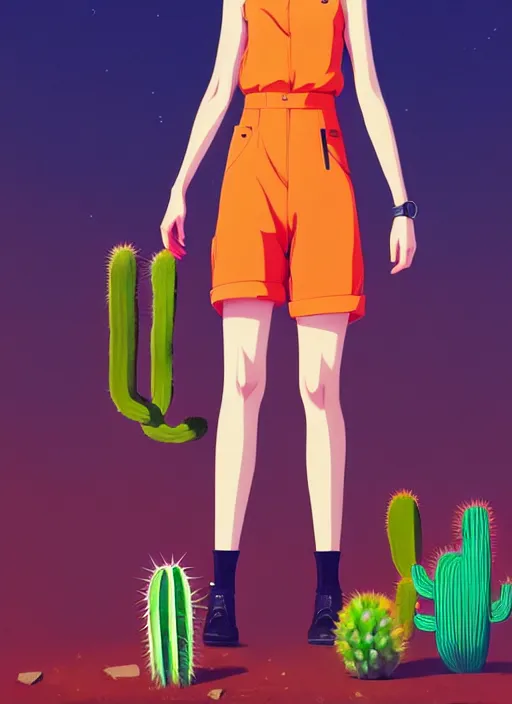 Image similar to portrait of cute redhead girl in orange jumpsuit with fox ears by ilya kuvshinov, holding a cactus, cloudy sky background lush landscape illustration concept art anime key visual trending pixiv fanbox by wlop and greg rutkowski and makoto shinkai and studio ghibli