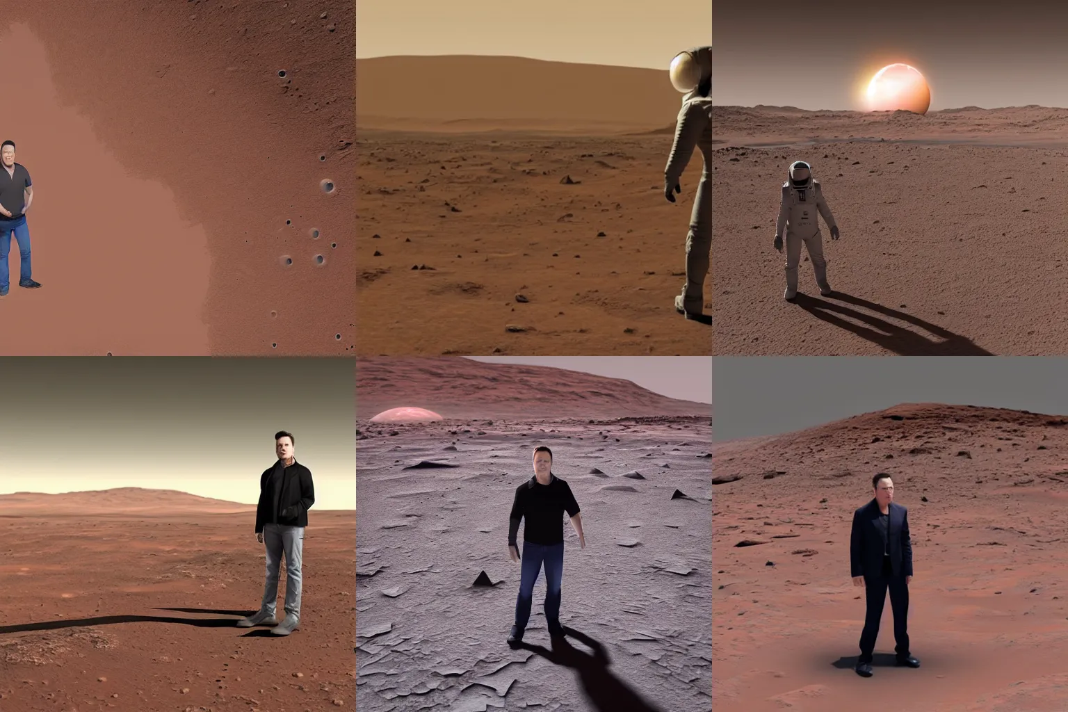 Prompt: Elon Musk standing on the surface of mars, 3d render, photorealistic