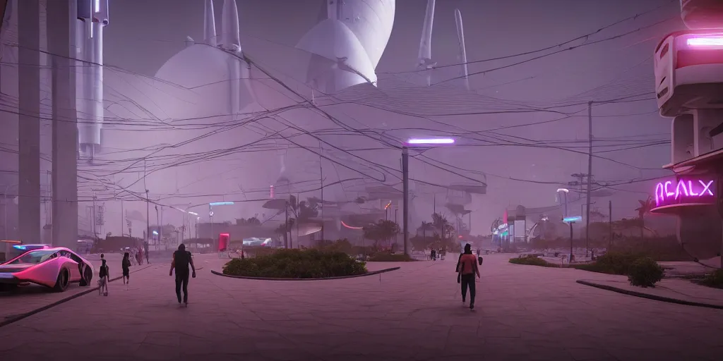 Image similar to a futuristic traditional mexican colony, no people on the streets, blade runner 2 0 4 9 city architecture, cyberpunk mexican futuristic colonial architecture, spacex starship rocket launch site, environmental lighting, stormy weather, ray tracing, people walking on street, amazing view, highly detailed, heavy traffic, neon shops, octane render, unreal engine 5, 4 k