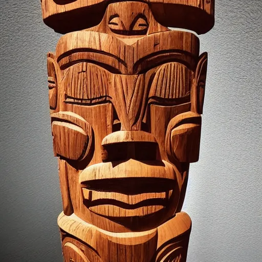 Prompt: wooden totem pole, donald trump's many moods, faces stacked vertically, finely carved detail, painted accents, dystopian background, dramatic lighting