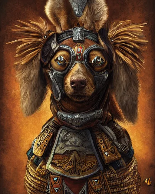 Prompt: digital painting of masked incan dog warrior, by filipe pagliuso and justin gerard, symmetric, fantasy, realistic, highly detailed, realistic, intricate, sharp focus, tarot card, portrait, peruvian