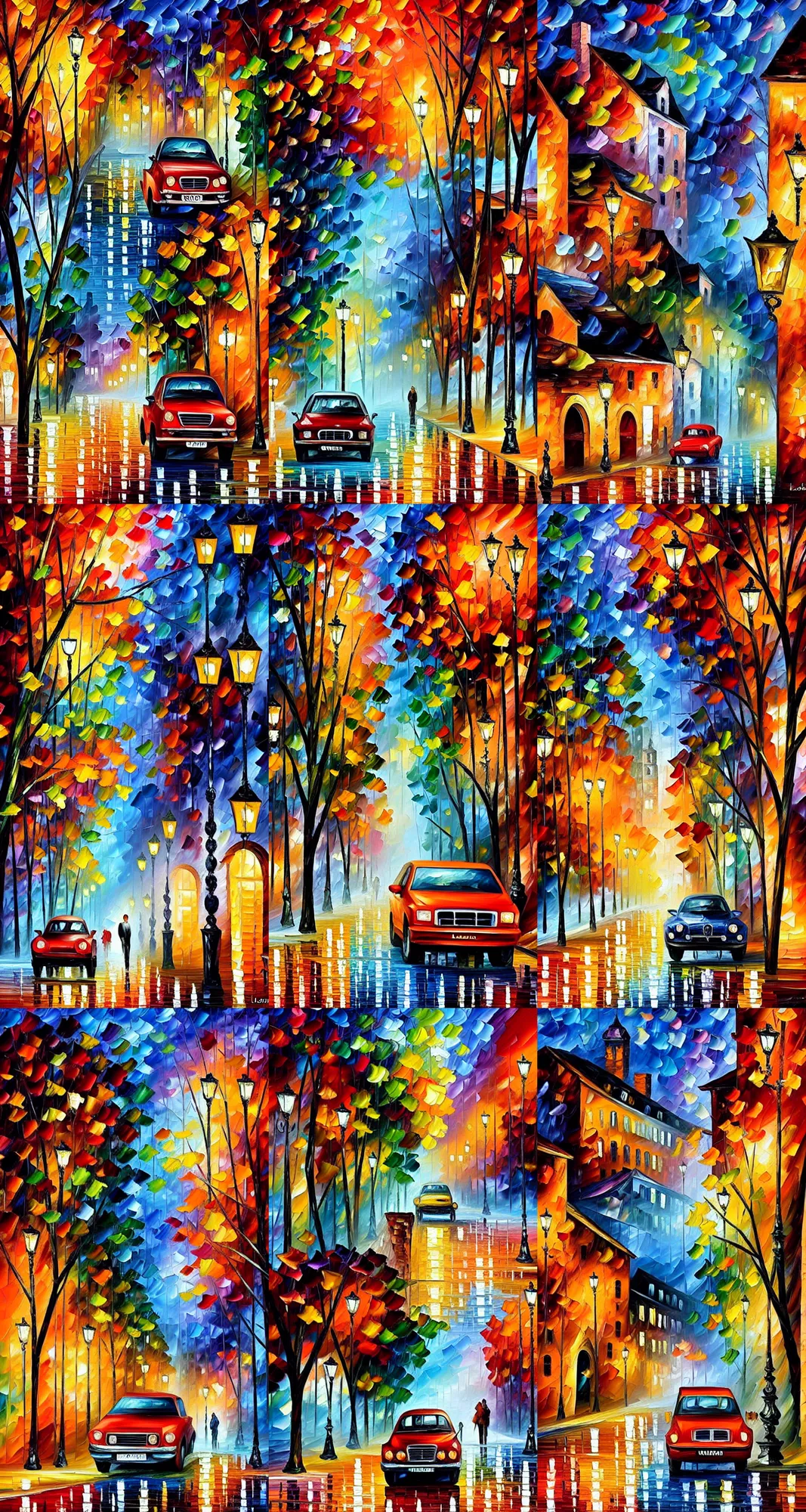 Prompt: an old city with an old car, palette knife oil painting on canvas by leonid afremov