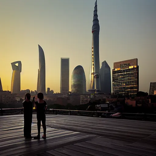 Image similar to a small rooftop with a couple of modern teenagers, standing and talking to each other, wearing black modern clothes, modern shanghai bund is on the background, sunset, by gregory crewdson, by hajime sorayama