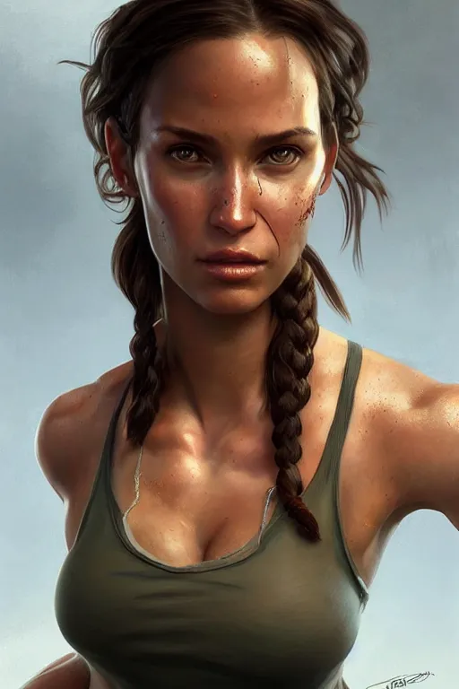 Image similar to pregnant lara croft in a tank top, realistic portrait, symmetrical, highly detailed, digital painting, artstation, concept art, smooth, sharp focus, illustration, cinematic lighting, art by artgerm and greg rutkowski and alphonse mucha