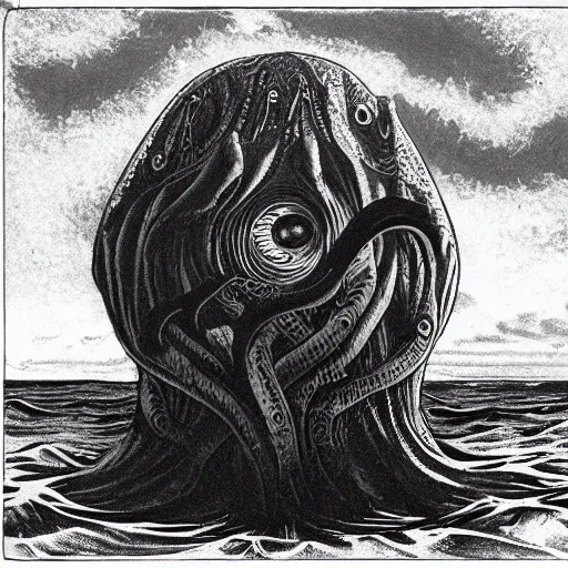 Prompt: a gigantic lovecraftian cyclope emerging from under the ocean, gazing to the darkened sky, old 3 5 mm ilford black and white, photorealistic