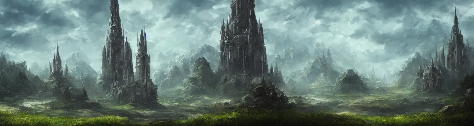 Prompt: beautiful landscape with a huge mystical tower, trending on artstation