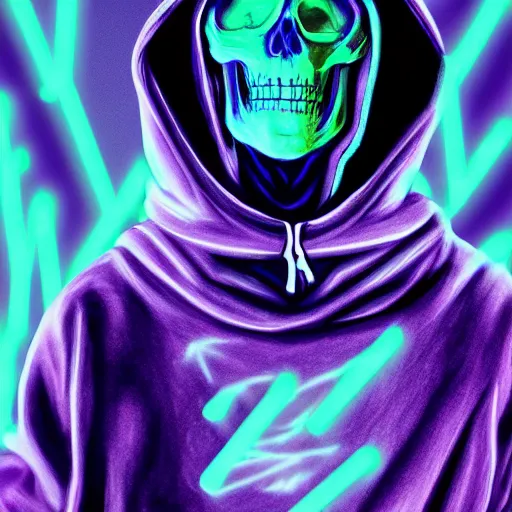 Prompt: skeletor in hoodie, portrait, vaporwave, synthwave, neon, vector graphics, cinematic, volumetric lighting, f 8 aperture, cinematic eastman 5 3 8 4 film, photorealistic