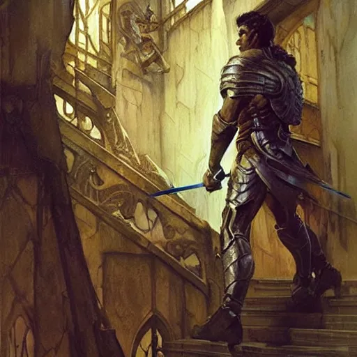 Prompt: simple clear Heroic Paladin Dsurion ascends the stairway to valhalla Hand Crafted By Rodin. Painting by greg rutkowski Donato Giancola Jeff Simpson norman rockwell stamp watercolor