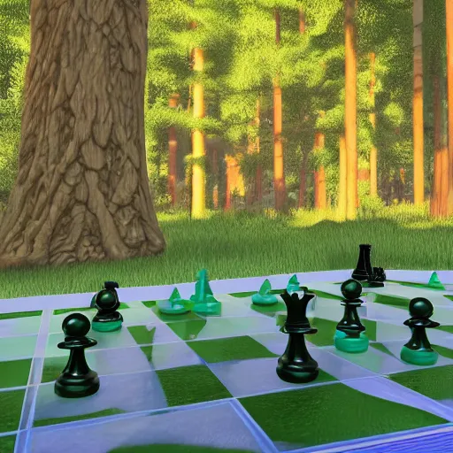 Prompt: videogame still of epic 3D chessboard in the magic kingdom forest of trees style