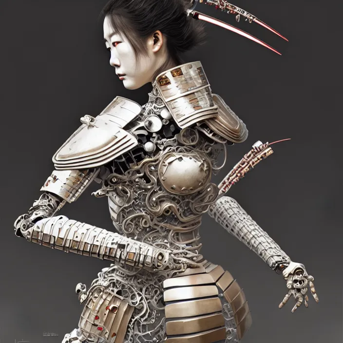 Image similar to japanese porcelain cyborg, Japanese porcelain samurai armor, diffuse lighting, fantasy, intricate, elegant, highly detailed, lifelike, photorealistic, digital painting, artstation, illustration, concept art, smooth, sharp focus, art by John Collier and Albert Aublet and Krenz Cushart and Artem Demura and Alphonse Mucha