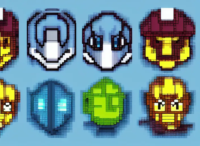 Image similar to 3 rows of 3 framed closeup face portraits of cute evil robots, in the style of mega man, as high - resolution pixel - art.