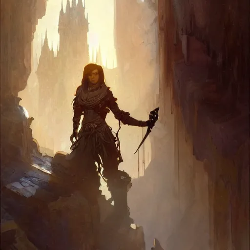 Image similar to closeup portrait of an artificer, dungeons and dragons character, dramatic lighting, castle background, gorgeous view, realistic, high detail, digital art, painted by greg rutkowski, painted by jeremy mann, painted by alphonse mucha, trending on artstation