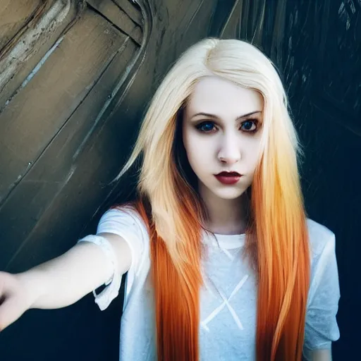 Prompt: photoshoot portrait of a teen emo girl, blonde and red ombre hair, flawless features, pale skin, beautiful beautiful beautiful secret selfie, tyftt, prime