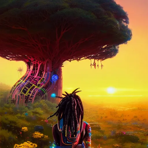 Image similar to an exotic african cyberpunk woman with colorful dreadlocks sitting on a cliff overlooking a field of colorful flowers with a giant glowing baobab tree in the middle, it is sunset, by greg rutkowski and android jones and Alena Aenami in a surreal cyberpunk! style, oil on canvas, 8k hd,