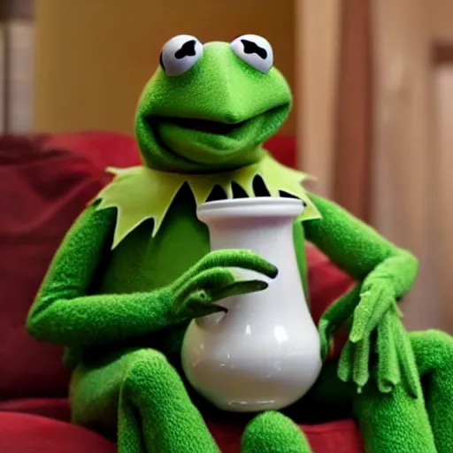 Prompt: candid photo of kermit the frog sitting on the couch smoking out of a bong, kermit the frog in ted ( 2 0 1 2 ) bong rip, kermit the frog, high resolution photo, trending on artstation, interior design, bong rip,