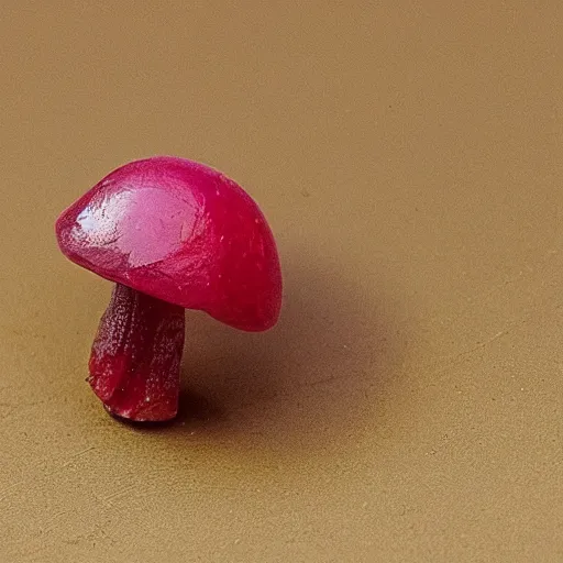 Prompt: a cut ruby gemstone in the shape of a mushroom, high detail