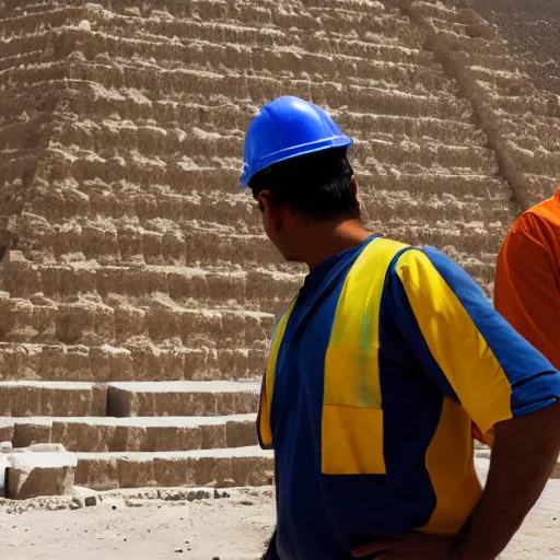 Image similar to a photograph of an egyptian engineer and a construction worker talking infront of a half constructed pyramid, dslr, high resolution