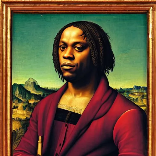 Image similar to a renaissance portrait painting of chief keef by giovanni bellini painting on a building in downtown chicago