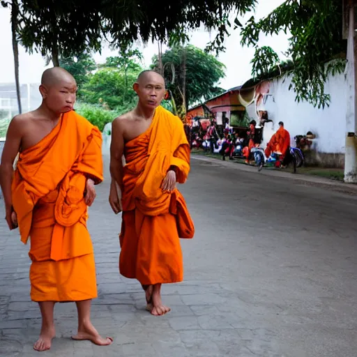 Image similar to Thai Buddhist monks on alms round in the early morning. On a space station.