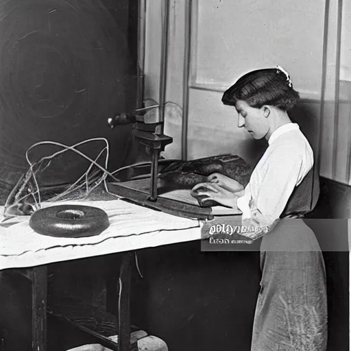 Image similar to an early 1900s photo of someone on a computer making a donut in blender