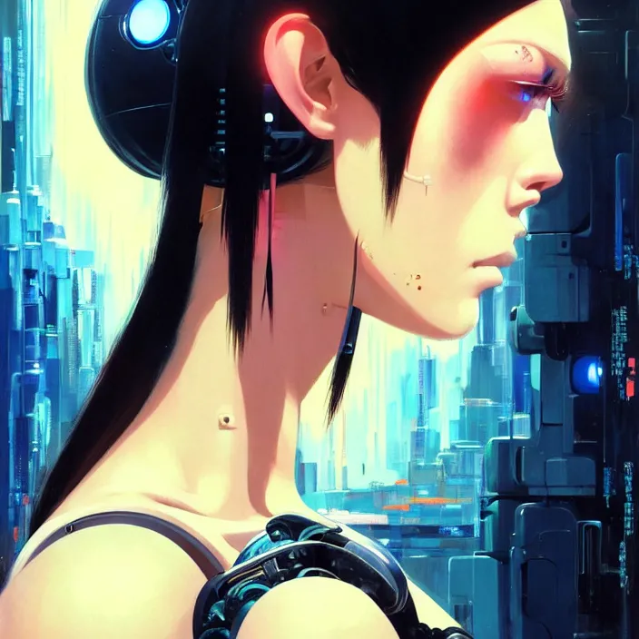 Image similar to side portrait of cyborg girl with robotic parts | | head only in center of image, audrey plaza, fine detail!! anime!! realistic shaded lighting!! poster by ilya kuvshinov katsuhiro otomo ghost - in - the - shell, magali villeneuve, artgerm, jeremy lipkin and michael garmash and rob rey