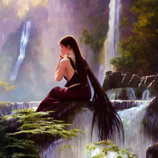 Prompt: maiden sitting on piano combined with waterfall, nature, realistic, cinematic lighting, highly detailed, digital painting, Artstation, illustration, art by Artgerm and Greg Rutkowski and Alphonse Mucha