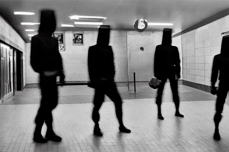 Image similar to fencers wearing fencing mask in subway, ominous lighting, richard avedon, tri - x pan