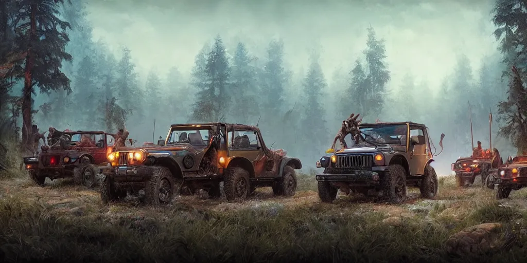 Image similar to Mahindra thar, tribe members attacking, action scene, an epic fantasy, dramatic lighting, cinematic, establishing shot, extremely high detail, photorealistic, cinematic lighting, artstation, by simon stalenhag, horizon forbidden west