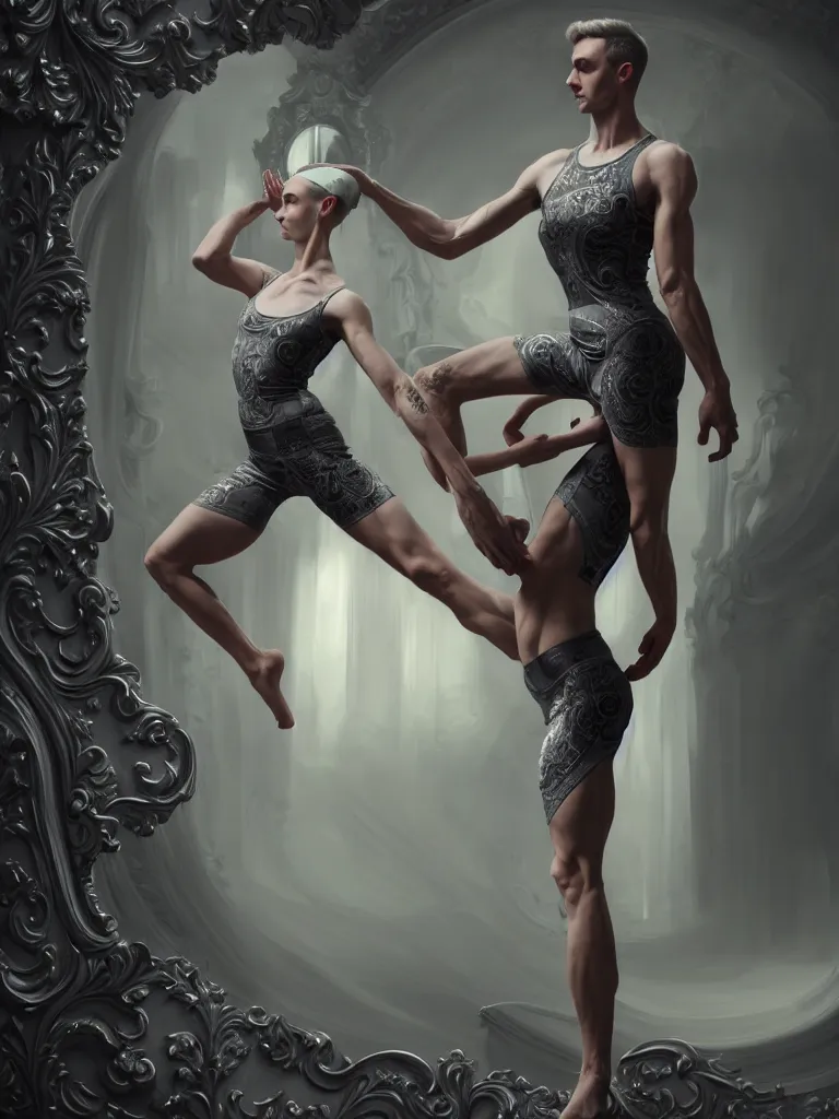 Prompt: beautiful ashhey graham in lycra yoga shorts, chrome futuristic detail misty foggy mike jordana, konstantin porubov, valeriy vegera, hypermaximalist, elegant, ornate, rococo, baroque ornament detail, elite, creepy, radiant, matte painting, cinematic, cinematic lighting, corel painter, cgsociety, atmospheric