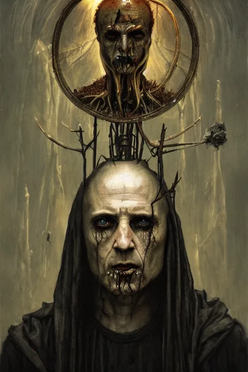 Image similar to a painting of a portrait of the high pontifex of pain with a halo on his head, golden halo, a detailed painting by santiago caruso, official art by greg rutkowski, a character portrait by seb mckinnon,, gothic art, apocalypse art, antichrist, grotesque, elder, skin, gouache, sinew, artstation