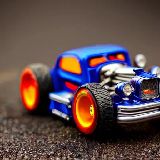 Image similar to hotwheels car with mecanum wheels, macro photography, professional