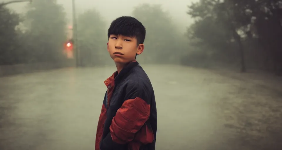 Prompt: teenage, boy, half asian, cute, portrait, close-up, industrial background, autumn, rainy, foggy, utopian looking, 80s, moody, hyperrealistic