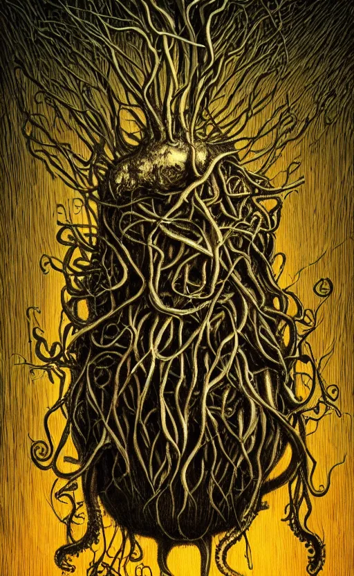 Image similar to portrait of lovecraftian onion surrounded by beams of light dark background by wayne barlow, stanley donwood, anton semenov, zdzislaw bekinski, hr giger, 8 k, fantasy, dark, highly detailed