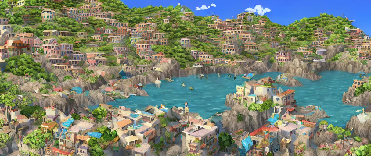 Image similar to pixar 3D render, by studio ghibli, (french bande dessinée), solarpunk, year 1244, fantasy setting, jrpg, mediterranean landscape, quaint old village, cinq terre, highly detailed, luminous, white rock, bright beautiful teal sky and sea, very sunny, light radiosity, concept art