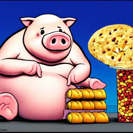 Image similar to comic art of a obese pig sitting on snacks, drawn by Bruce MacKinnon, vivid color, cgsociety 4K