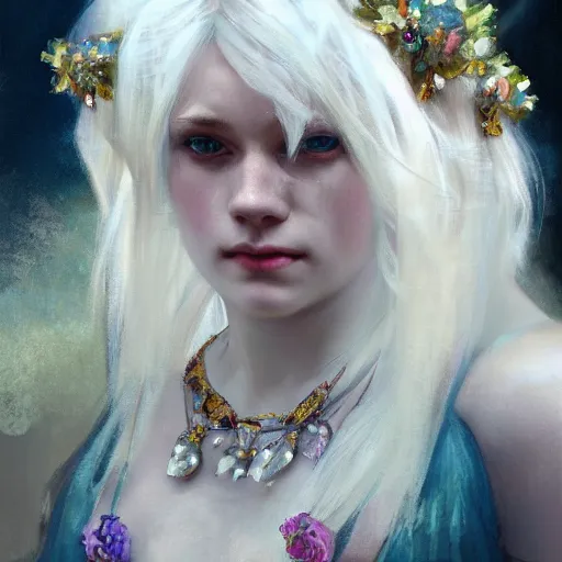 Image similar to a beautiful white haired young 🦍, adorned with precious stones, tiara and necklace by jeremy mann and alphonse mucha, photo realistic, dynamic lighting, windy, artstation, poster, dreamy, volumetric lighting, ethereal, 4 k, high detail