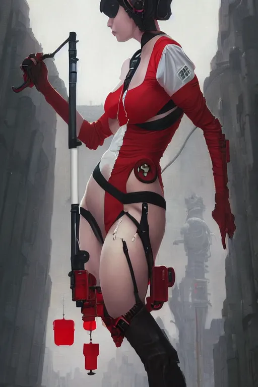 Image similar to covid - 1 9 nurse holding a syringe, wearing nurse bikini armor, black and white and red bodysuit, cyberpunk, neo - gothic, by tom bagshaw and alphonse mucha and atey ghailan and artgerm and and greg rutkowski and hajime soriyama, ultra detailed, hyper realistic, octane render, trending on artstation