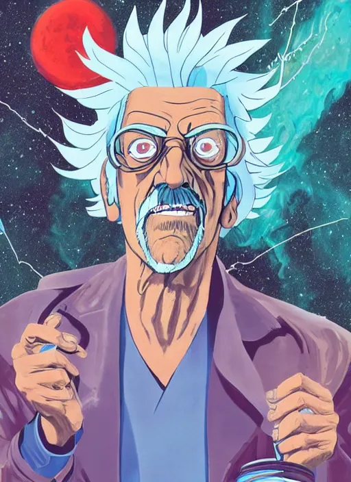 Prompt: Christopher Lloyd as Rick Sanchez on the cover of Analog Science Fiction and Fact, 1965, detailed, vintage 1960s print, trending on artstation