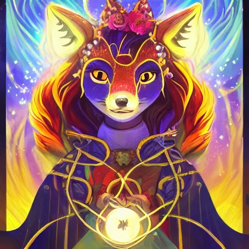 Prompt: a stop motion avatar portrait of an awesome cosmic powerful kitsune fox mage being themed around death and the stars and the cosmos, covered in flowers, holding an enchanted dagger, in the style of dnd beyond avatar portraits, beautiful, artistic, elegant, lens flare, magical, lens flare, nature, realism, stylized, art by jeff easley