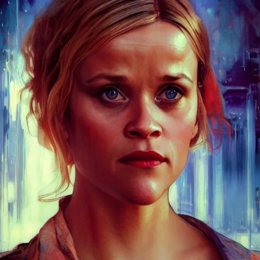 Image similar to reese witherspoon, hyperrealistic portrait, bladerunner street, art of elysium by jeremy mann and alphonse mucha, fantasy art, photo realistic, dynamic lighting, artstation, poster, volumetric lighting, very detailed face, 4 k, award winning