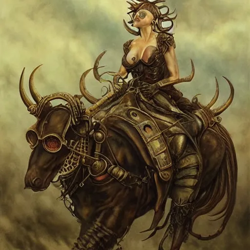 Prompt: a hyperrealistic painting of a beautiful woman with demonic horns wearing steampunk goggles, riding a horse into the fires of hell, by santiago caruso, highly detailed,