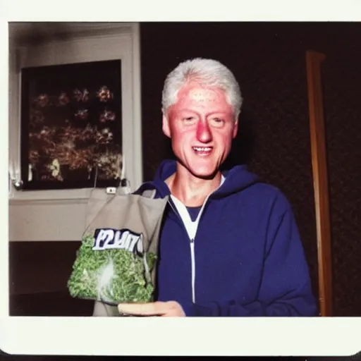 Prompt: polaroid of Bill Clinton wearing a white hoodie and holding a bag of weed sitting on the couch, 8k, very detailed, very intricate,