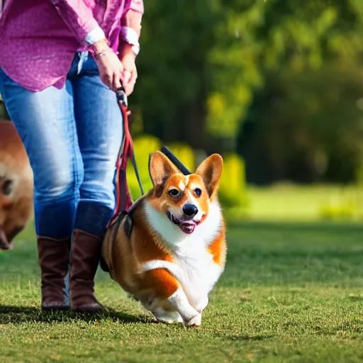 Prompt: photographic image of a corgi riding a cattle in a park