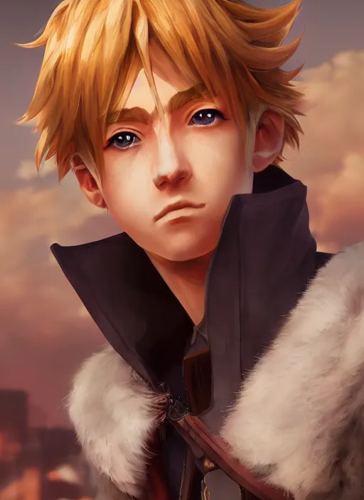 Image similar to An epic fantasy anime style portrait painting of a young blonde boy thief, unreal 5, DAZ, hyperrealistic, octane render, cosplay, RPG portrait, dynamic lighting