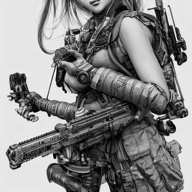 Image similar to the photorealistic portrait of lawful neutral female futuristic marine sniper as absurdly beautiful, gorgeous, elegant, young gravure idol, an ultrafine hyperdetailed illustration by kim jung gi, irakli nadar, intricate linework, bright colors, octopath traveler, final fantasy, unreal engine 5 highly rendered, global illumination, radiant light, detailed and intricate environment